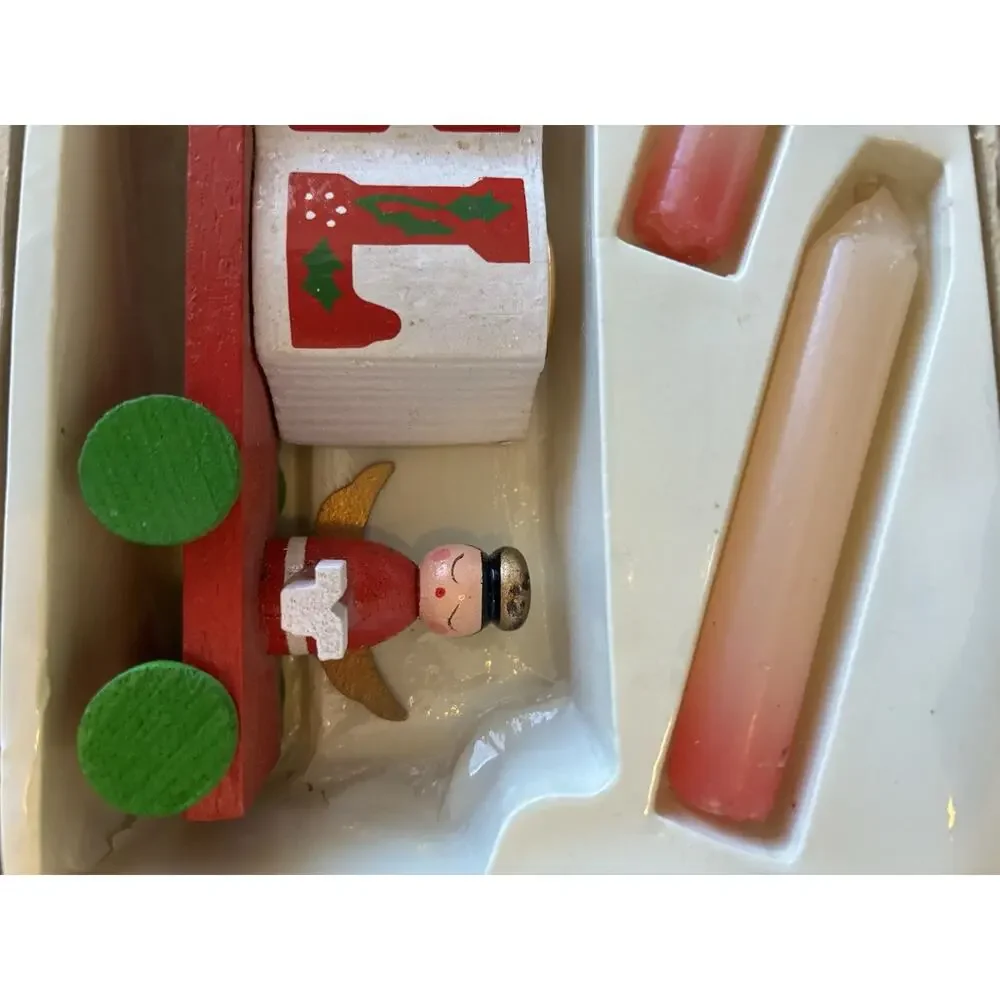 Vintage 80s Christmas Wooden TRAIN Candles Noel Angel Holiday In Original Box